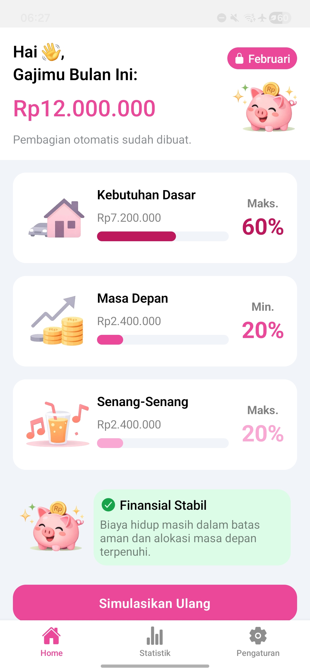Dashboard pembagian keuangan 60 20 20